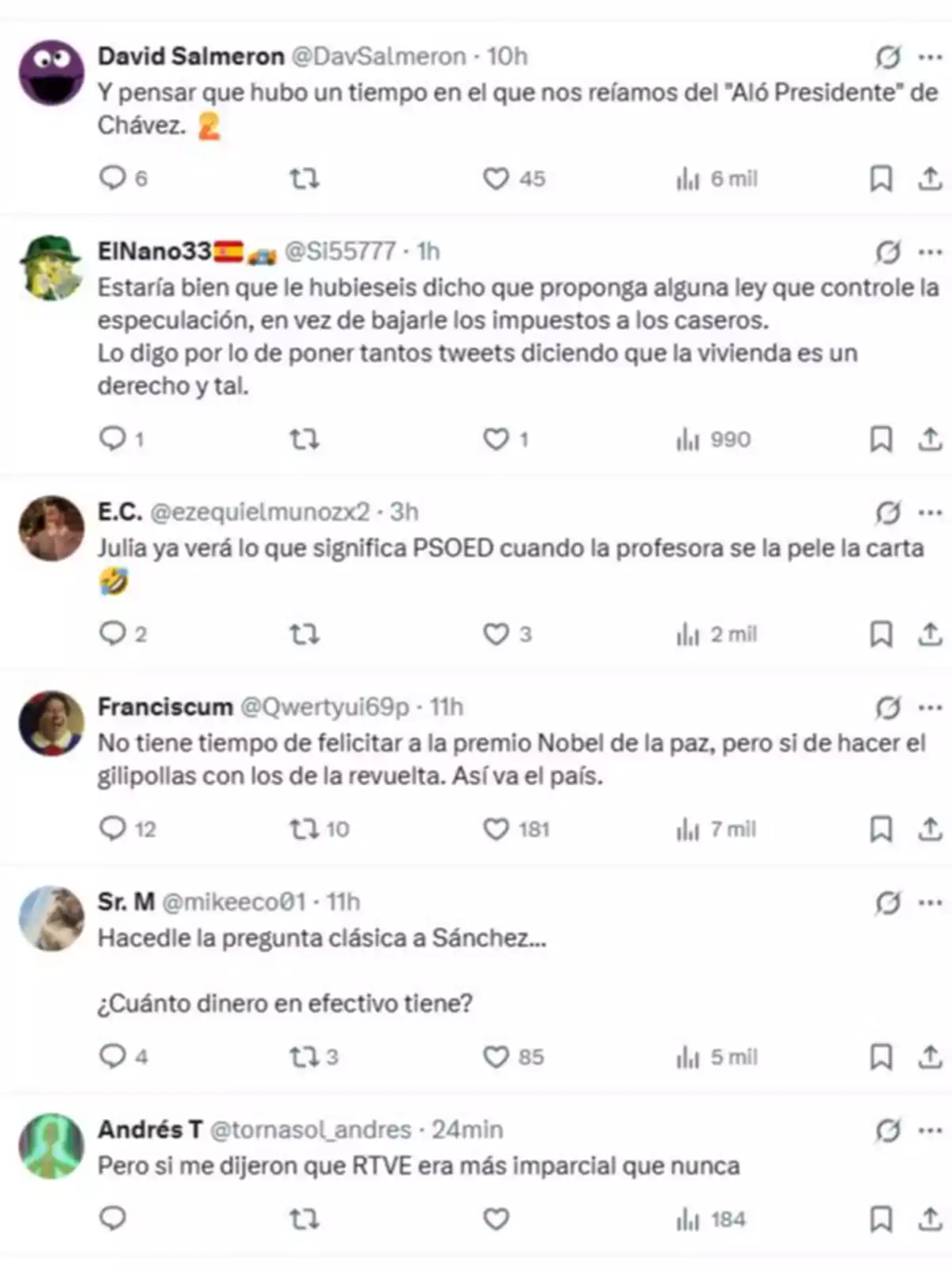 Captura de pantalla de una serie de tuits en los que varios usuarios comentan temas políticos y sociales en tono irónico y crítico, mencionando a figuras públicas, medios de comunicación y cuestiones de actualidad en España.