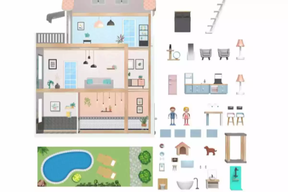 Casa de muñecas con habitaciones y muebles, accesorios, jardín con piscina, figuras de personas y un perro
