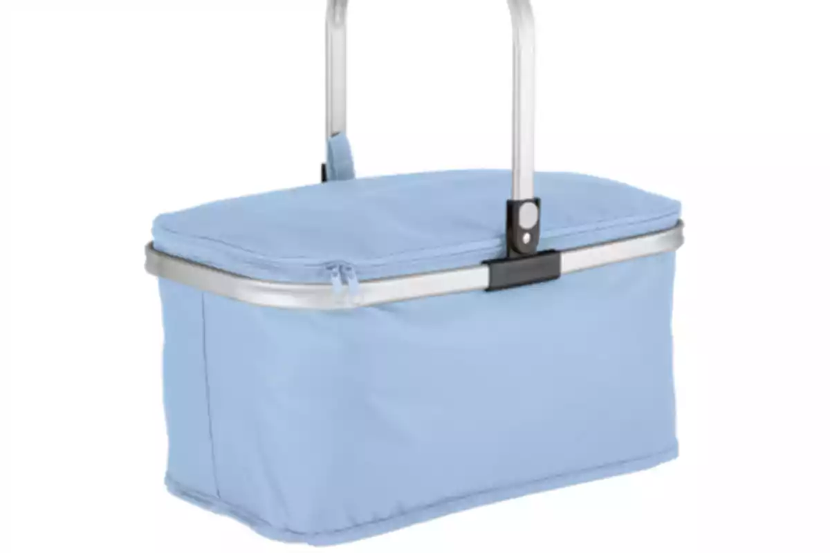 Cesta térmica rectangular de color azul claro con asas de aluminio y cierre de cremallera Cesta térmica rectangular de color azul claro con asas de aluminio y cierre de cremallera