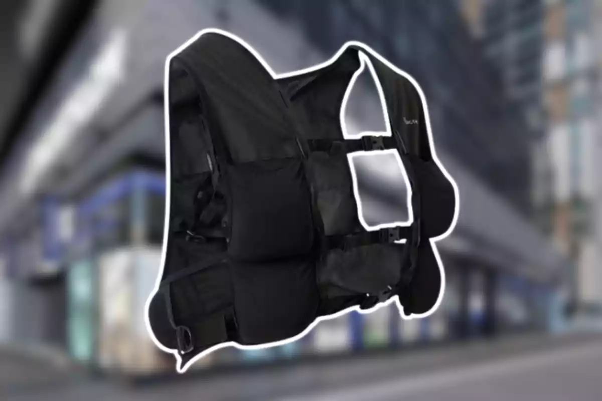 Chaleco negro táctico con varios bolsillos y correas ajustables sobre un fondo urbano desenfocado Chaleco negro táctico con varios bolsillos y correas ajustables sobre un fondo urbano desenfocado