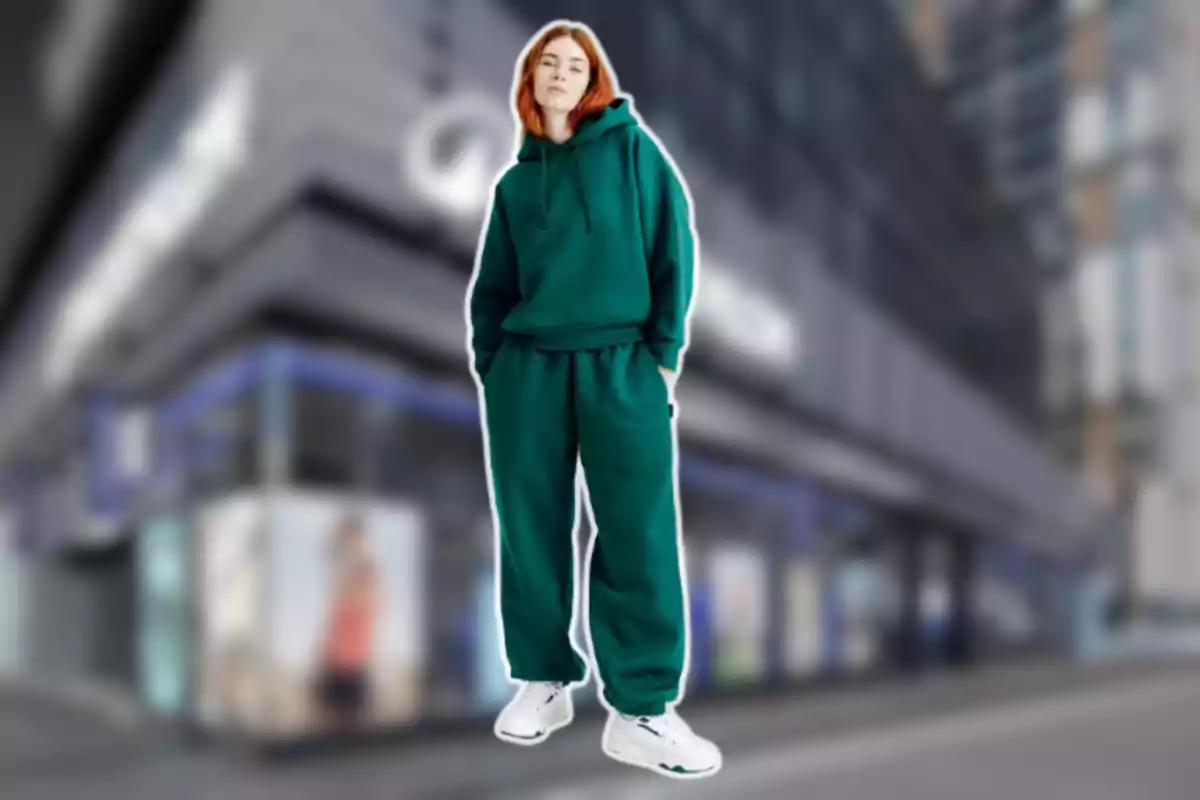 Persona con cabello rojizo usando un conjunto deportivo verde y tenis blancos, de pie frente a un edificio urbano desenfocado Persona con cabello rojizo usando un conjunto deportivo verde y tenis blancos, de pie frente a un edificio urbano desenfocado