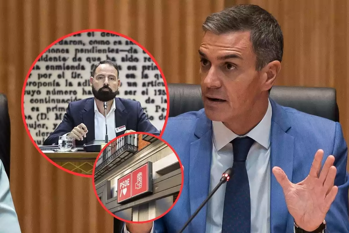 Hombre de traje azul hablando en una reunión con dos círculos superpuestos que muestran a otro hombre en una mesa y un letrero del PSOE
