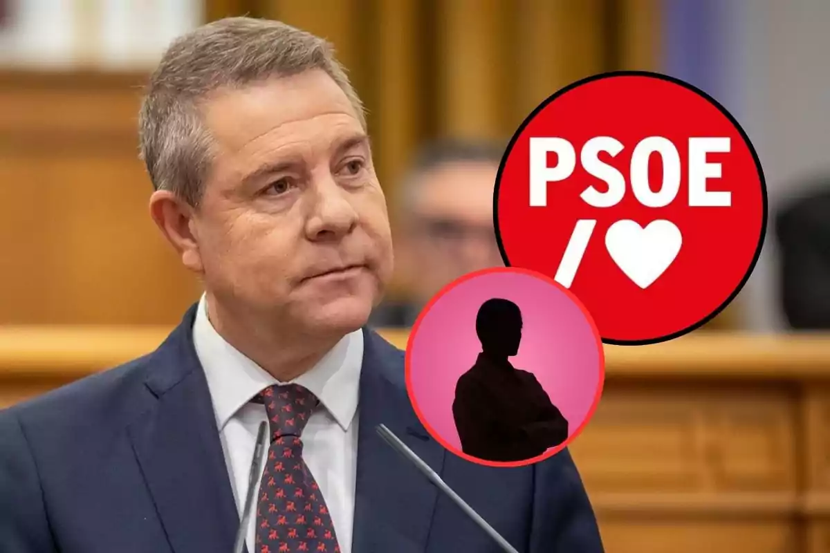 Hombre de traje y corbata frente a un micrófono con el logo del PSOE y la silueta de una persona en círculos superpuestos sobre la imagen.