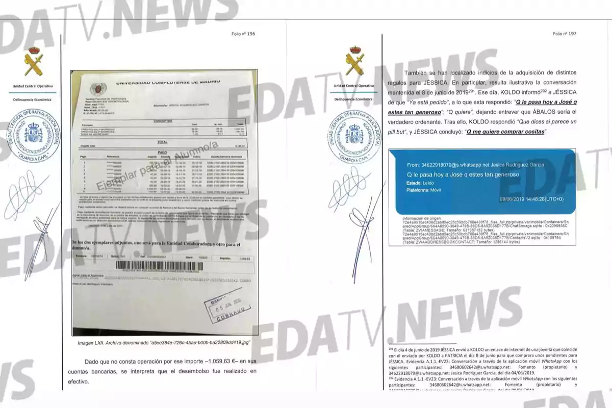 Documento oficial de la Guardia Civil con membretes y firmas, que incluye una factura de la Universidad Complutense de Madrid y una captura de pantalla de una conversación de WhatsApp, acompañado de texto explicativo sobre una investigación económica Documento oficial de la Guardia Civil con membretes y firmas, que incluye una factura de la Universidad Complutense de Madrid y una captura de pantalla de una conversación de WhatsApp, acompañado de texto explicativo sobre una investigación económica