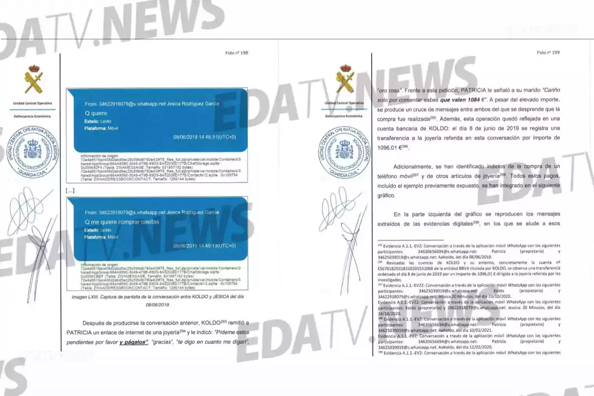 Documento oficial de la Guardia Civil con capturas de pantalla de mensajes de WhatsApp y texto explicativo sobre una conversación relacionada con la compra de joyas, acompañado de firmas y sellos oficiales.