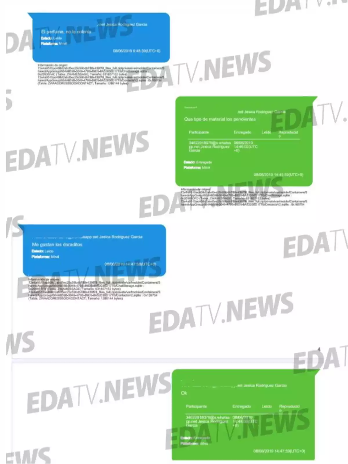 Captura de pantalla con mensajes de WhatsApp en recuadros azules y verdes, donde se leen conversaciones sobre perfume, pendientes y preferencias de color, con marcas de agua de EDATV.NEWS Captura de pantalla con mensajes de WhatsApp en recuadros azules y verdes, donde se leen conversaciones sobre perfume, pendientes y preferencias de color, con marcas de agua de EDATV.NEWS