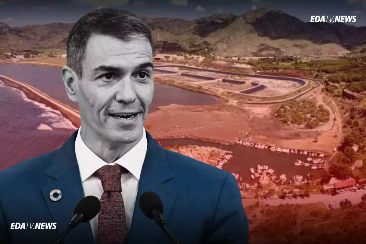 Hombre con traje y corbata hablando frente a micrófonos con un paisaje de costa y montañas al fondo