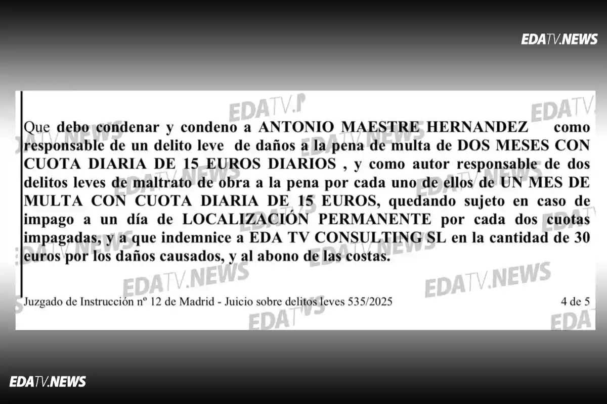 Extracto de una sentencia judicial donde se condena a Antonio Maestre Hernández al pago de una multa diaria de 15 euros durante dos meses por un delito leve de daños y a un mes de multa por dos delitos leves de maltrato de obra, además de indemnizar a EDA TV Consulting SL con 30 euros y pagar las costas del juicio, emitida por el Juzgado de Instrucción número 12 de Madrid. Extracto de una sentencia judicial donde se condena a Antonio Maestre Hernández al pago de una multa diaria de 15 euros durante dos meses por un delito leve de daños y a un mes de multa por dos delitos leves de maltrato de obra, además de indemnizar a EDA TV Consulting SL con 30 euros y pagar las costas del juicio, emitida por el Juzgado de Instrucción número 12 de Madrid.