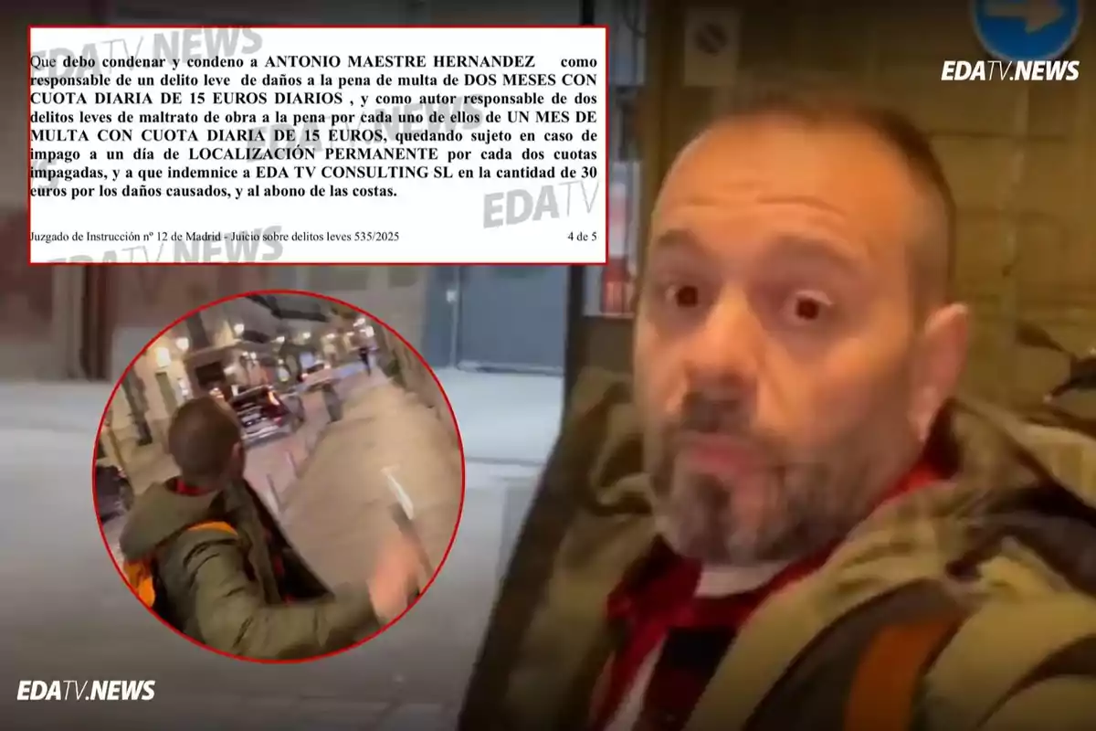 Un hombre con chaqueta verde y mochila naranja mira a la cámara en una calle de noche, con un recuadro de texto legal y el logo de EDATV NEWS en la imagen.