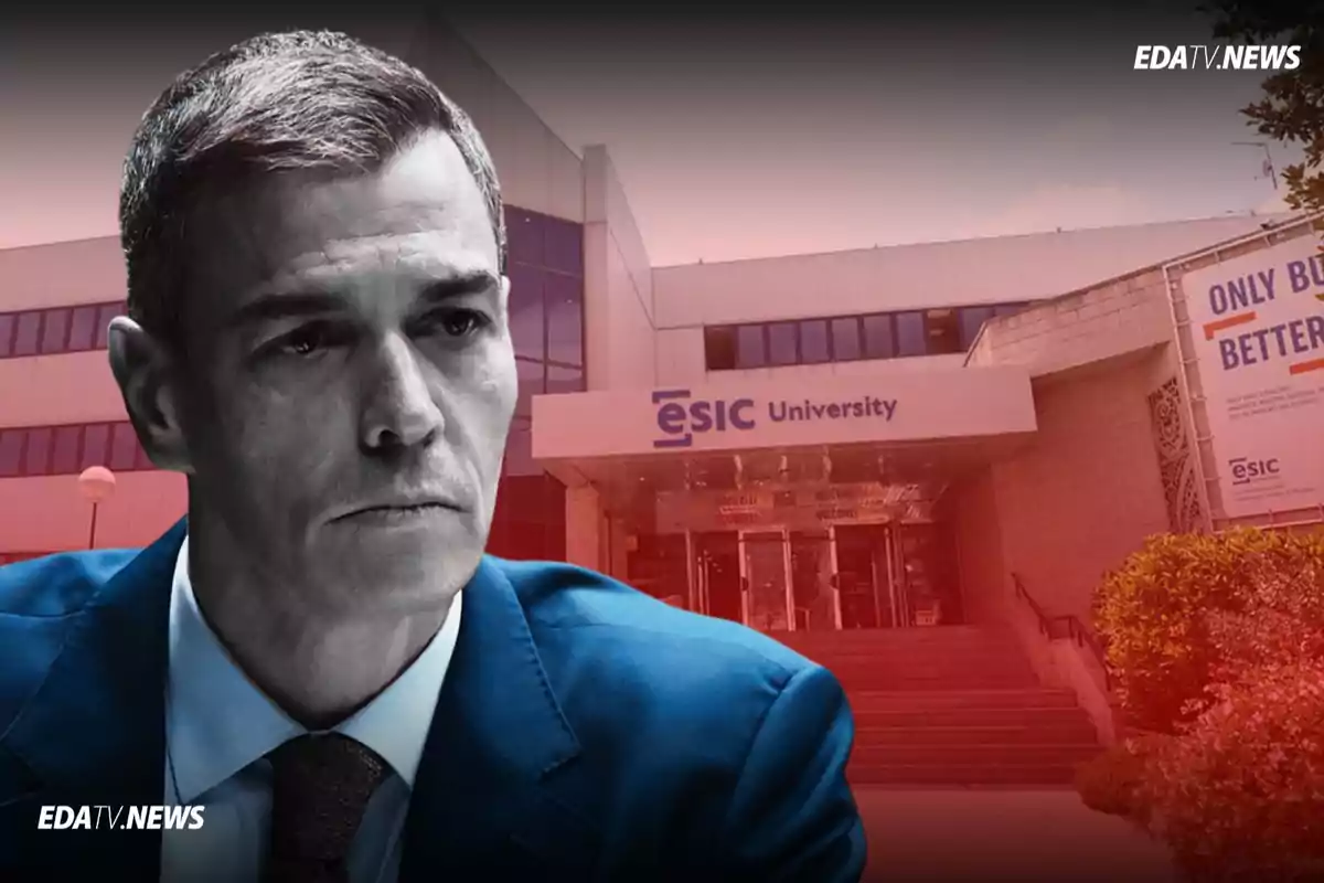 Hombre de expresión seria en primer plano con el edificio de ESIC University de fondo y el logo de EDATV NEWS en la esquina