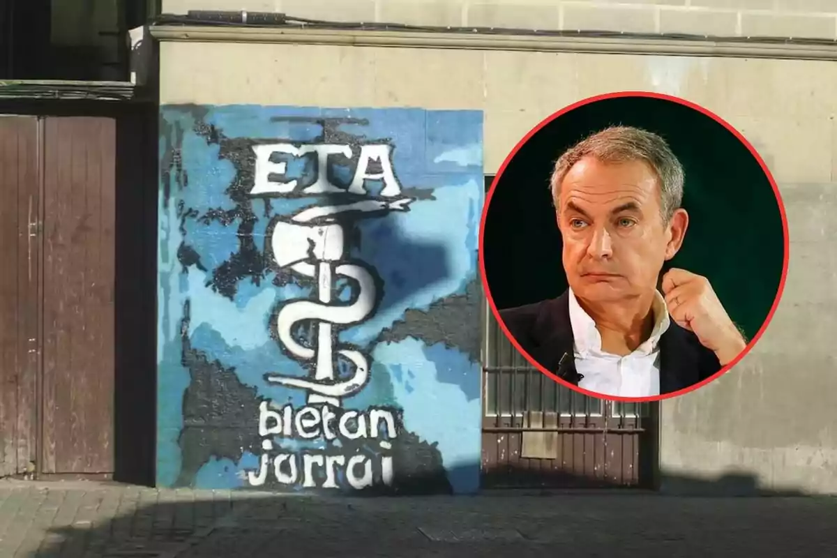 Mural con símbolos y texto relacionados con ETA sobre una pared azul y al lado un recuadro con la imagen de un hombre de cabello canoso y expresión seria