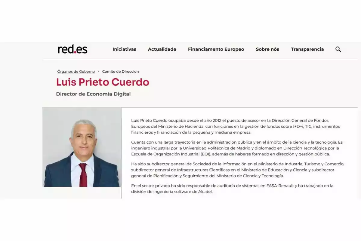 Página de red.es con el perfil de Luis Prieto Cuerdo, Director de Economía Digital, que incluye su fotografía y una descripción de su trayectoria profesional y académica. Página de red.es con el perfil de Luis Prieto Cuerdo, Director de Economía Digital, que incluye su fotografía y una descripción de su trayectoria profesional y académica.