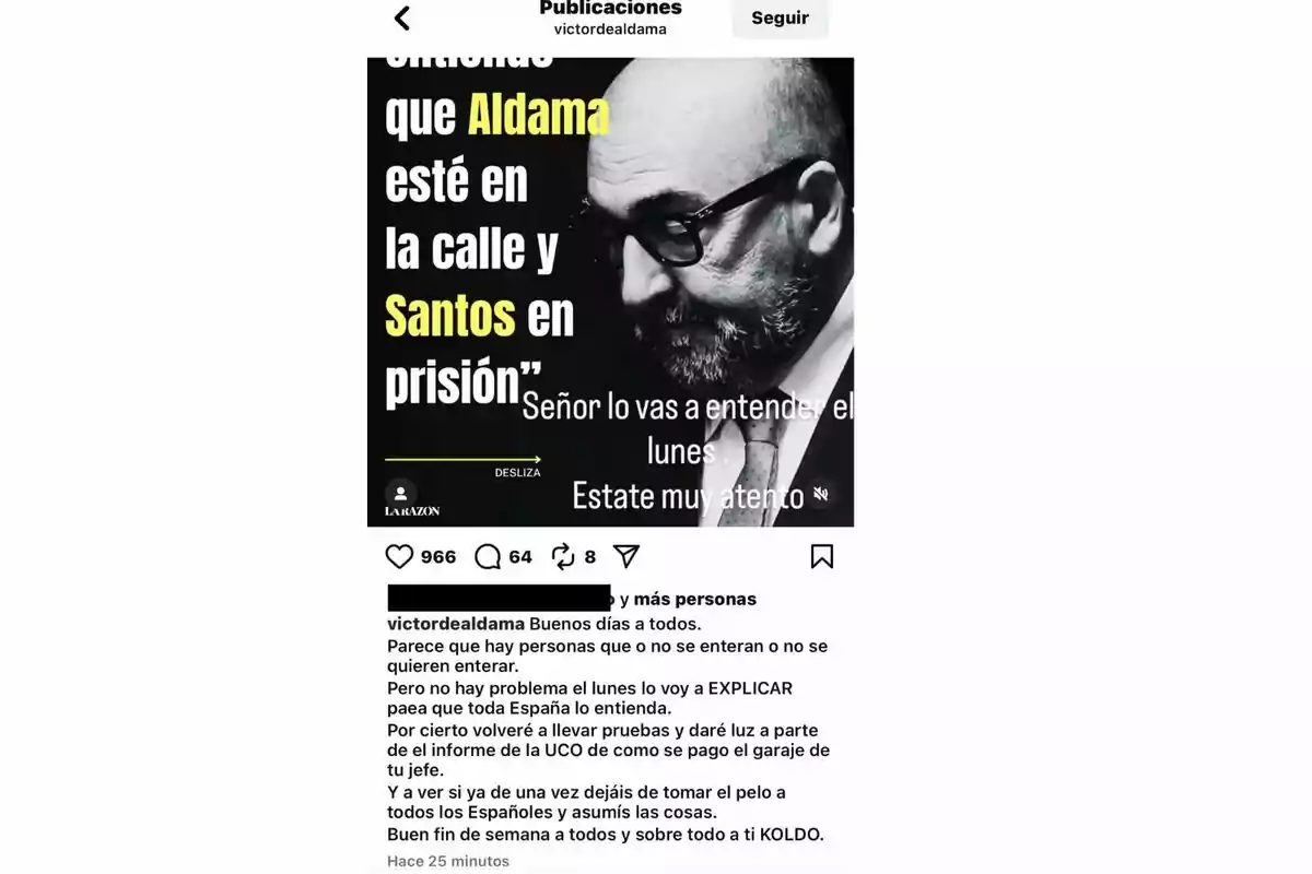 Hombre calvo con barba y gafas en una imagen en blanco y negro, acompañado de un texto grande que menciona los nombres Aldama y Santos, y un mensaje adicional en la parte inferior invitando a estar atentos a una explicación el lunes