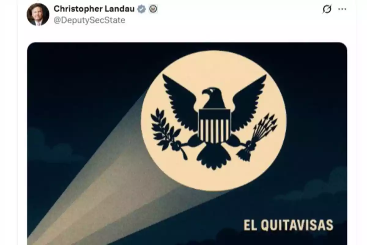 Proyector iluminando el escudo de Estados Unidos en el cielo con el texto El Quitavisas