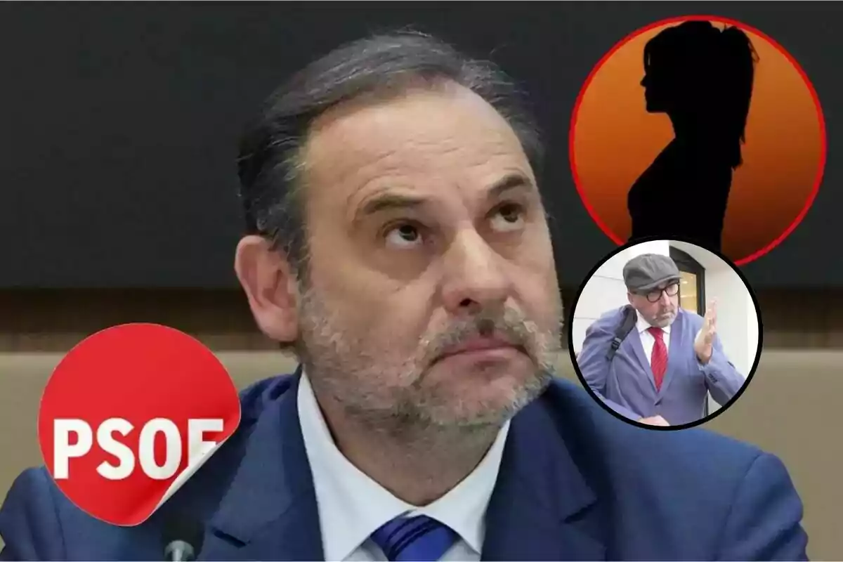 Hombre de traje mirando hacia arriba con el logo del PSOE a la izquierda y dos círculos a la derecha, uno con la silueta de una mujer y otro con un hombre con gafas y gorra