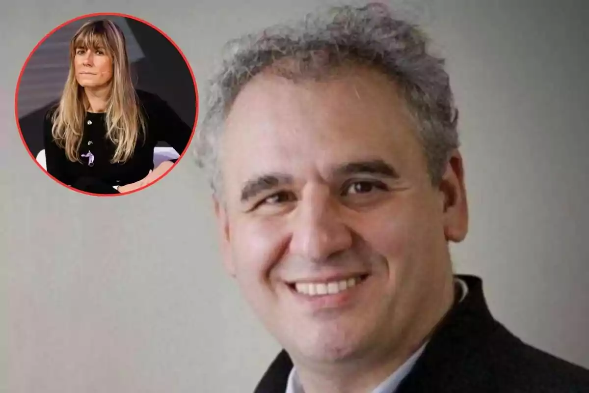 Hombre de cabello canoso sonriendo en primer plano con una mujer de cabello largo y rubio en un círculo en la esquina superior izquierda Hombre de cabello canoso sonriendo en primer plano con una mujer de cabello largo y rubio en un círculo en la esquina superior izquierda