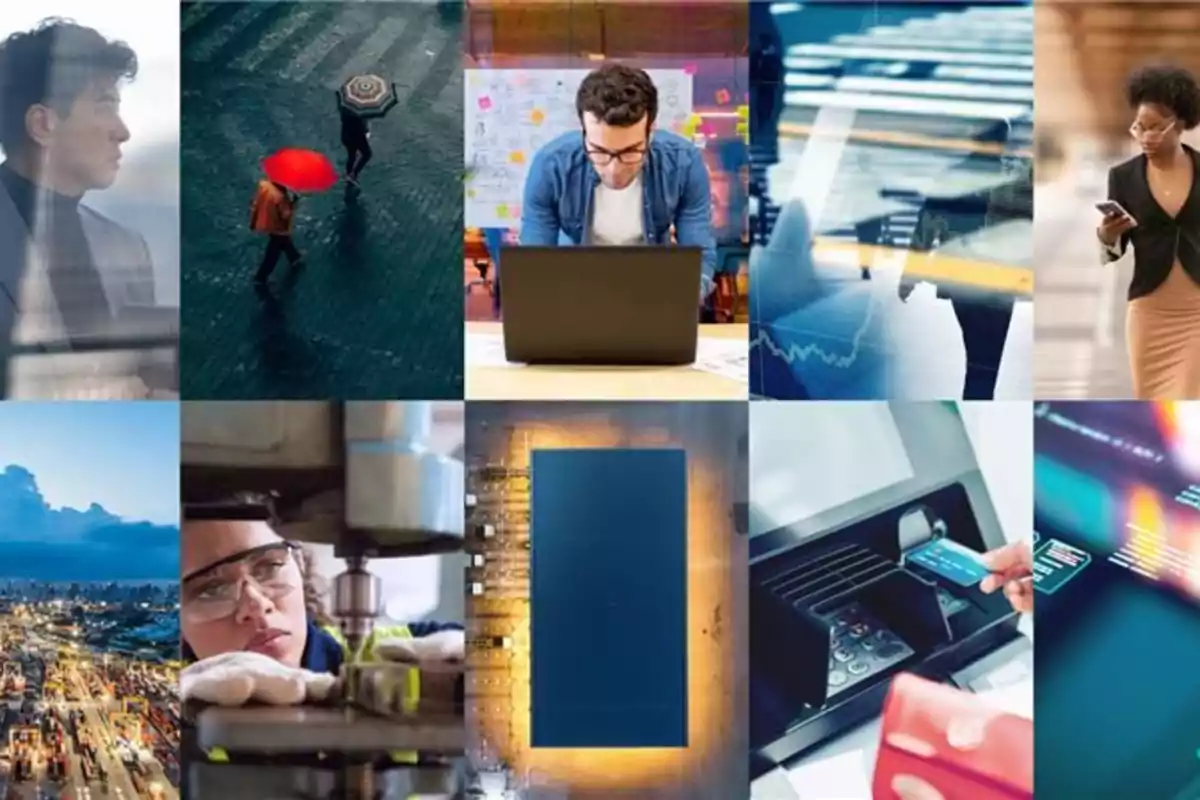 Collage de personas trabajando, tecnología, ciudad, industria, gráficos financieros y una máquina de pago con tarjeta