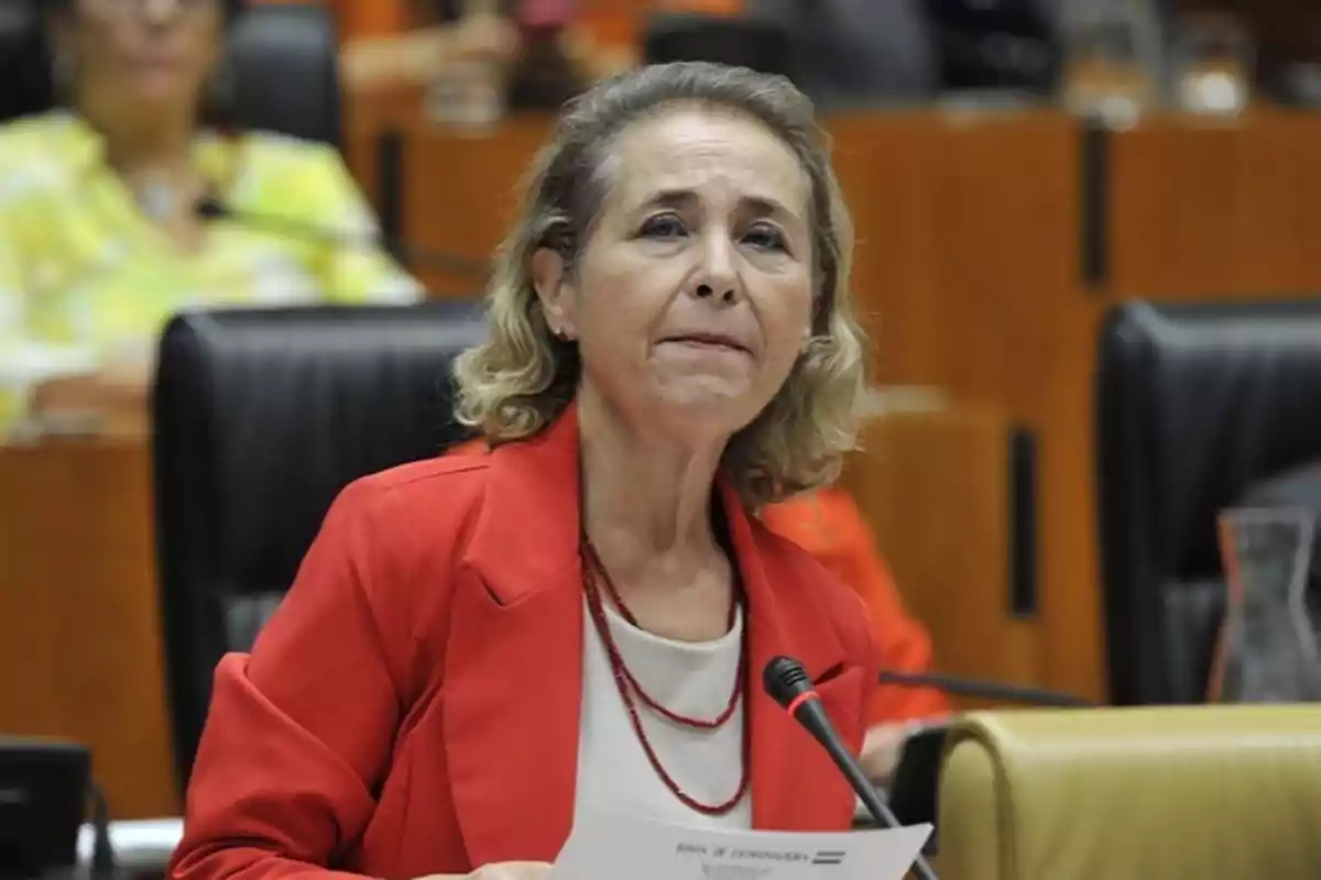 Mujer de mediana edad con chaqueta roja hablando frente a un micrófono en una sala de reuniones o parlamento