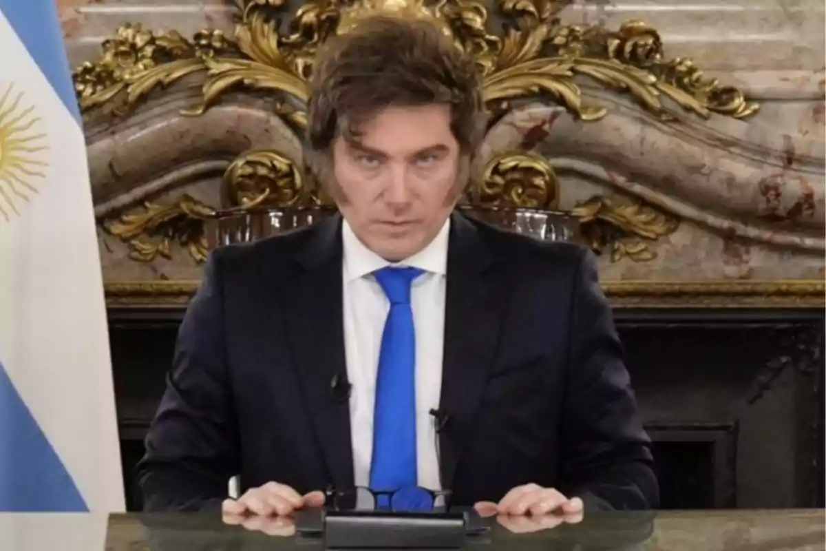 Hombre de cabello castaño con traje oscuro y corbata azul sentado frente a un escritorio con una bandera argentina a su lado y un fondo decorativo dorado