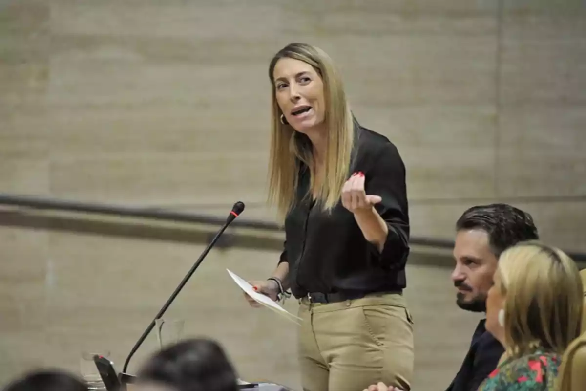 Mujer de pie hablando en un micrófono durante una sesión en un recinto oficial, con dos personas sentadas a su lado.