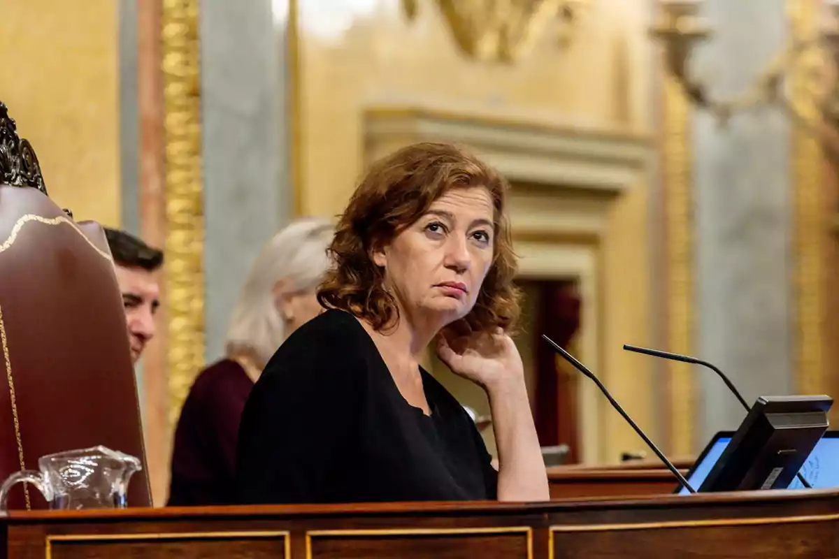 Mujer de cabello castaño sentada en un estrado parlamentario mirando hacia el frente con expresión seria Mujer de cabello castaño sentada en un estrado parlamentario mirando hacia el frente con expresión seria