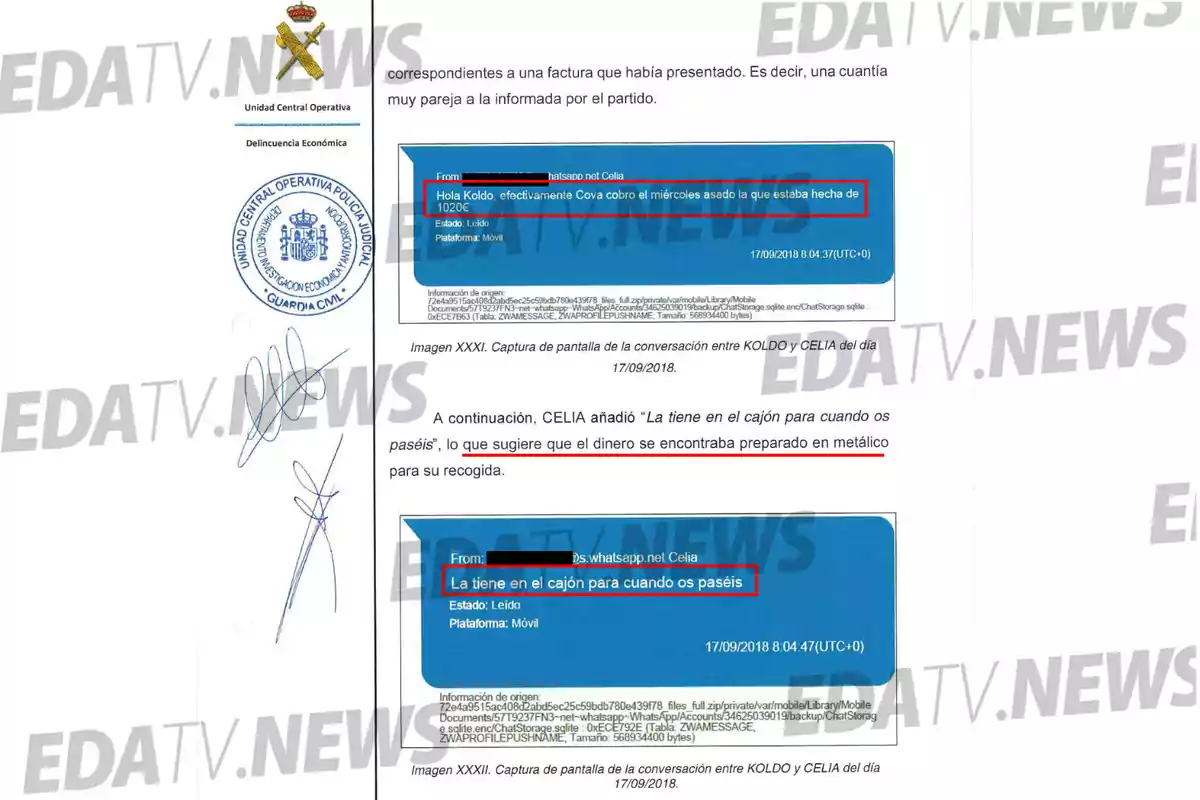 Documento oficial de la Guardia Civil con capturas de pantalla de conversaciones de WhatsApp resaltadas y texto explicativo sobre la entrega de dinero en efectivo