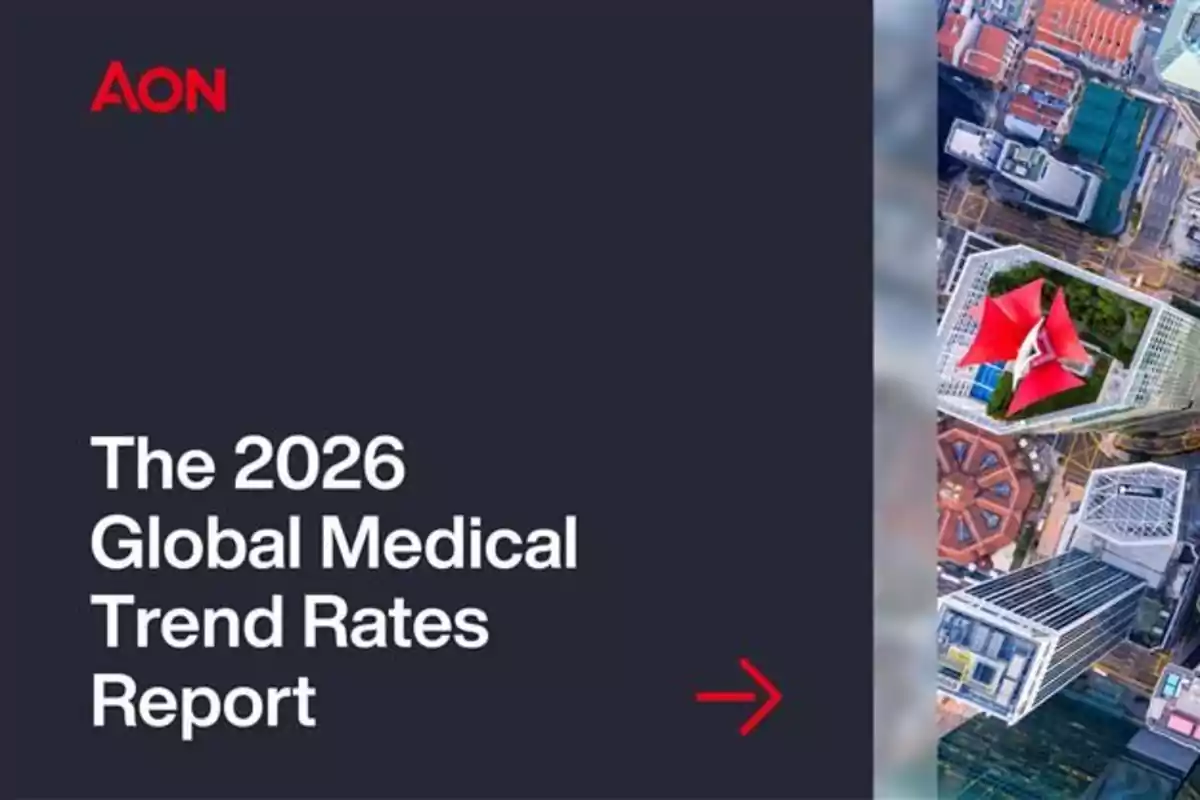 Portada de un informe titulado The 2026 Global Medical Trend Rates Report de AON con una vista aérea de edificios modernos y un techo rojo llamativo