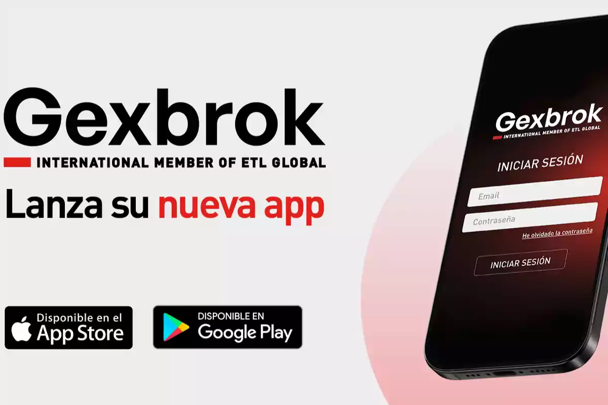 Publicidad de Gexbrok anunciando el lanzamiento de su nueva app disponible en App Store y Google Play con la imagen de un teléfono móvil mostrando la pantalla de inicio de sesión