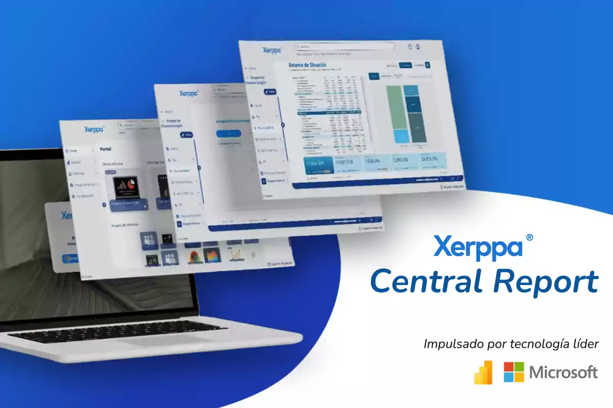 Laptop mostrando varias pantallas superpuestas de un software de reportes financieros llamado Xerppe Central Report con fondo azul y logotipos de Microsoft y Power BI en la esquina inferior derecha