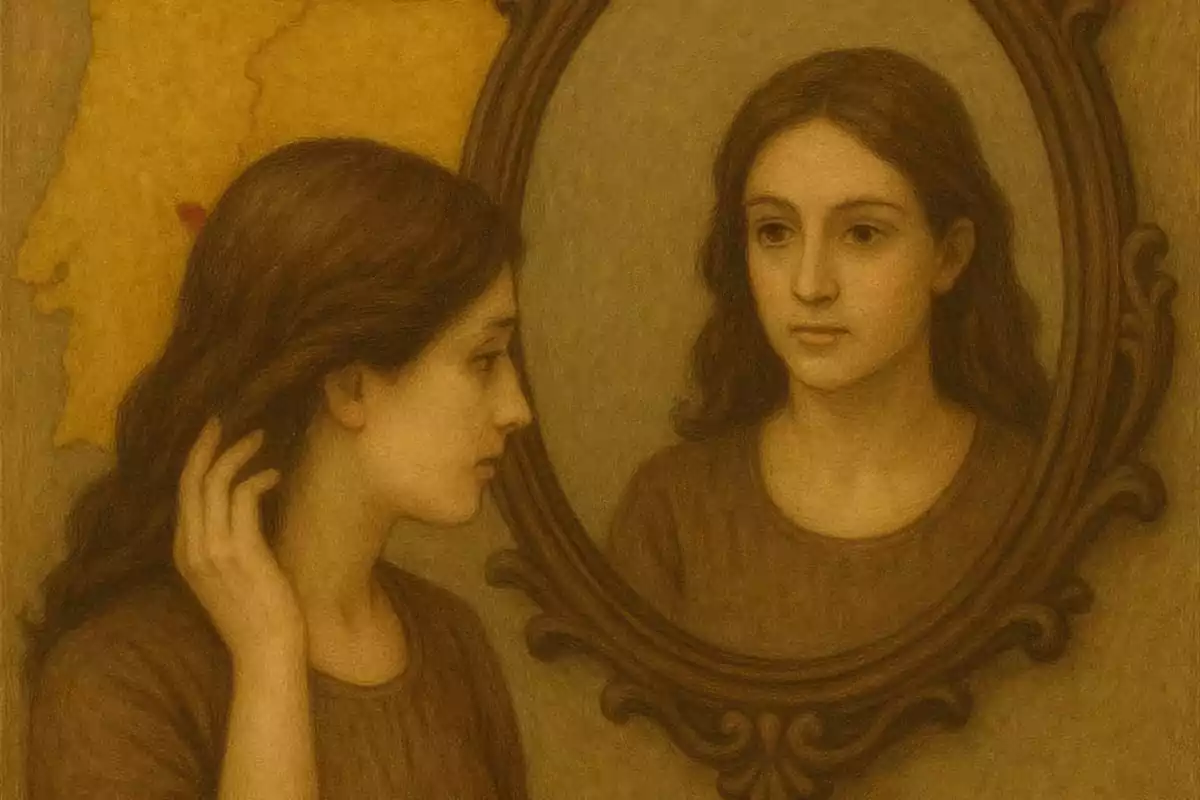 Una joven de cabello castaño se observa a sí misma en un espejo antiguo con marco decorativo, mostrando una expresión serena y pensativa. Una joven de cabello castaño se observa a sí misma en un espejo antiguo con marco decorativo, mostrando una expresión serena y pensativa.