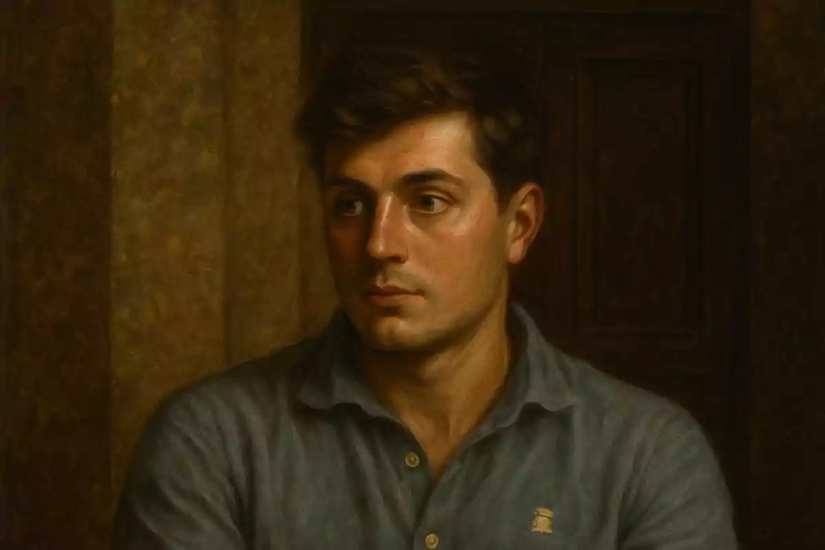 Retrato al óleo de un hombre joven con cabello oscuro y expresión seria vistiendo una camisa azul frente a un fondo marrón oscuro