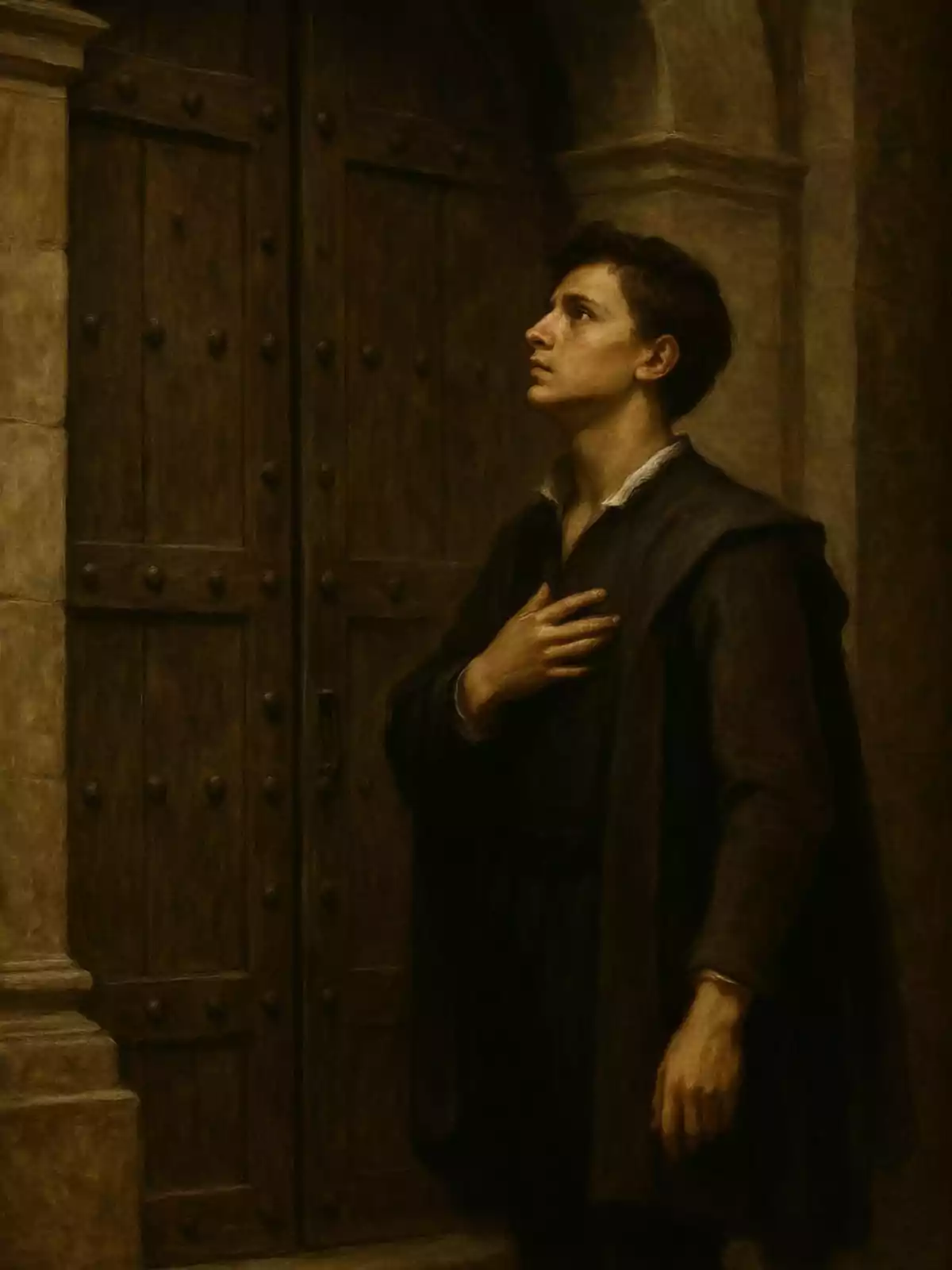 Joven de cabello oscuro con expresión seria y mano en el pecho de pie frente a una gran puerta de madera antigua