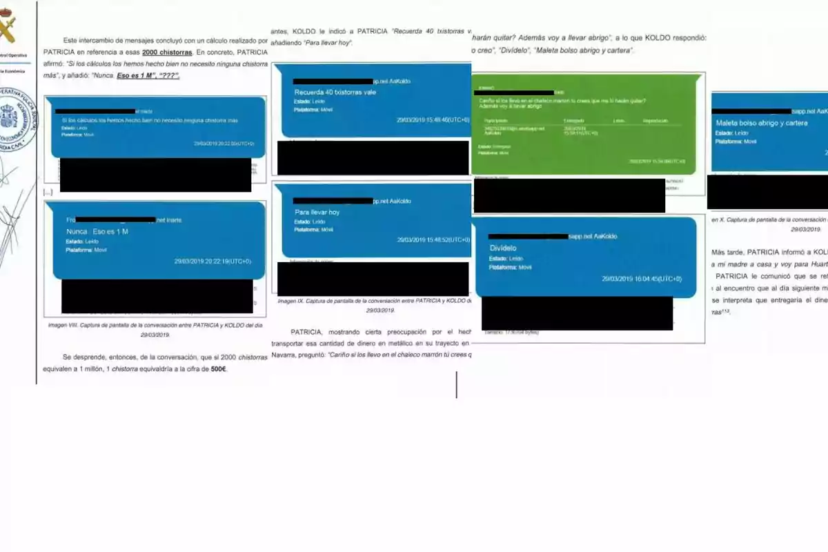 Captura de pantalla de un documento oficial que muestra una conversación de mensajes de texto entre varias personas, con partes del texto y nombres tachados en negro, y fragmentos de mensajes resaltados en azul y verde.