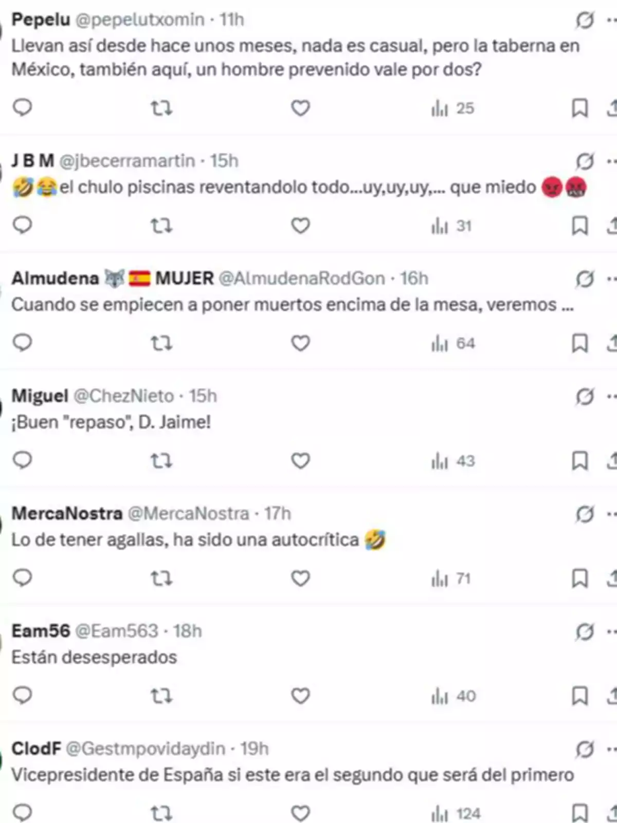 Captura de pantalla de varios comentarios en Twitter donde diferentes usuarios opinan sobre un tema político y social, usando emojis y expresiones de sorpresa, crítica y humor
