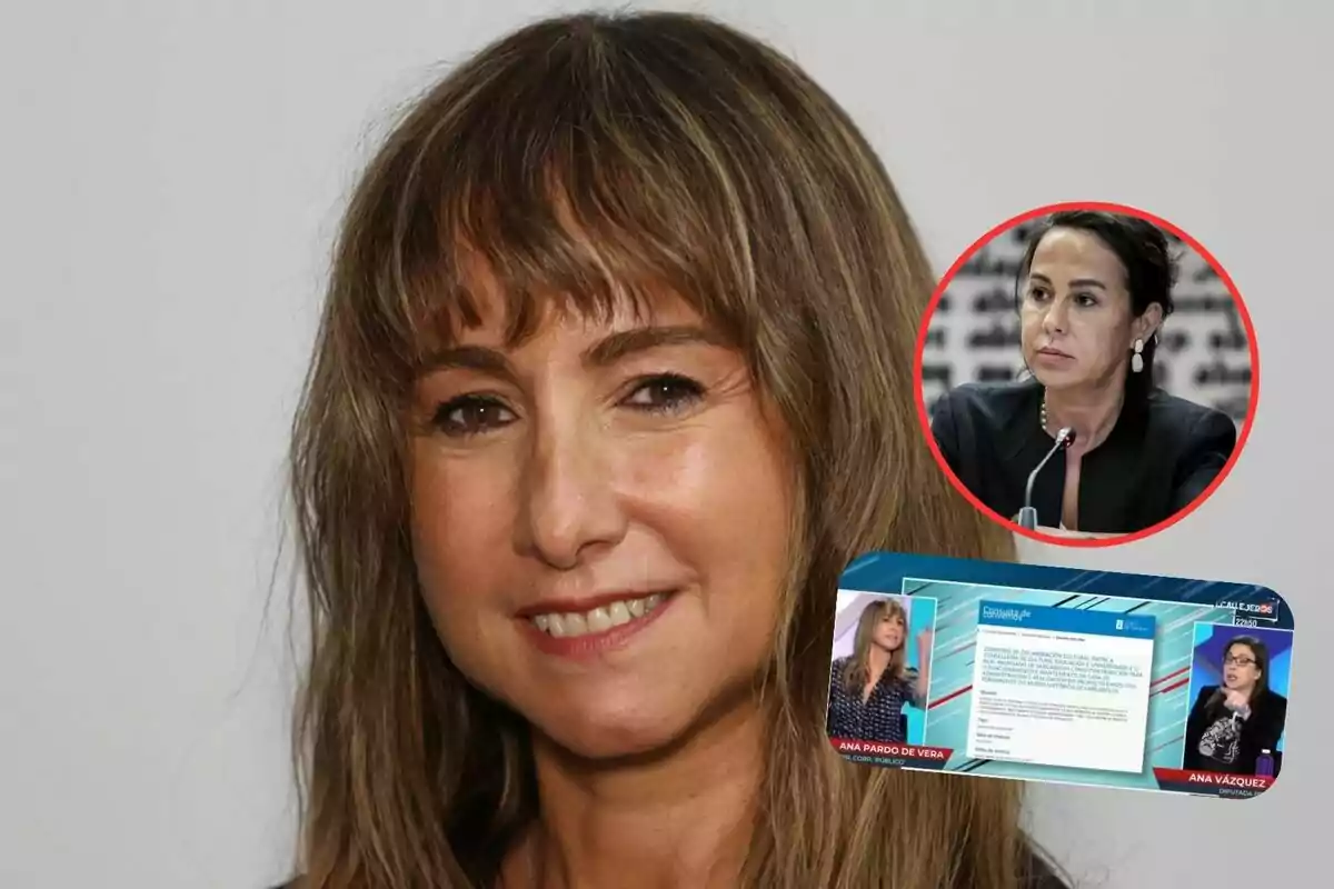 Mujer de cabello castaño claro con flequillo sonriendo, en la esquina superior derecha aparece el recorte de otra mujer de cabello oscuro y en la parte inferior derecha una captura de pantalla de un programa de televisión con dos mujeres y un texto en el centro. Mujer de cabello castaño claro con flequillo sonriendo, en la esquina superior derecha aparece el recorte de otra mujer de cabello oscuro y en la parte inferior derecha una captura de pantalla de un programa de televisión con dos mujeres y un texto en el centro.