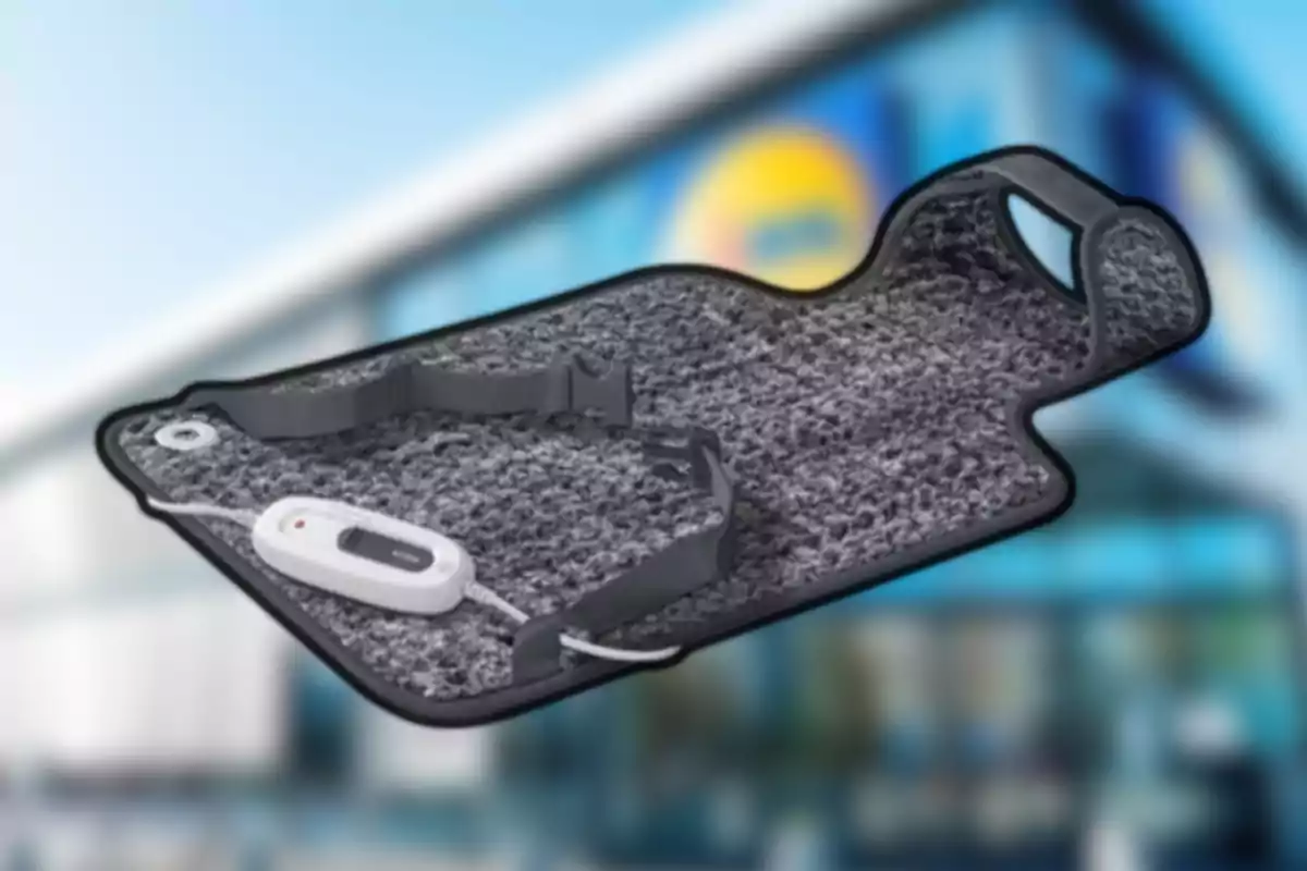 Almohadilla eléctrica gris con control remoto y correas sobre un fondo desenfocado de una tienda Almohadilla eléctrica gris con control remoto y correas sobre un fondo desenfocado de una tienda