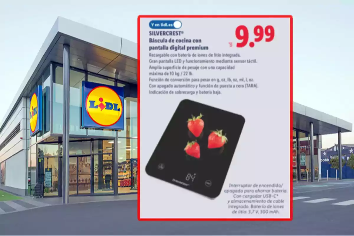 Fachada de una tienda Lidl con un cartel promocional de una báscula de cocina digital Silvercrest con pantalla LED, sensor táctil y tres fresas sobre la báscula, destacando el precio de 9,99 euros.