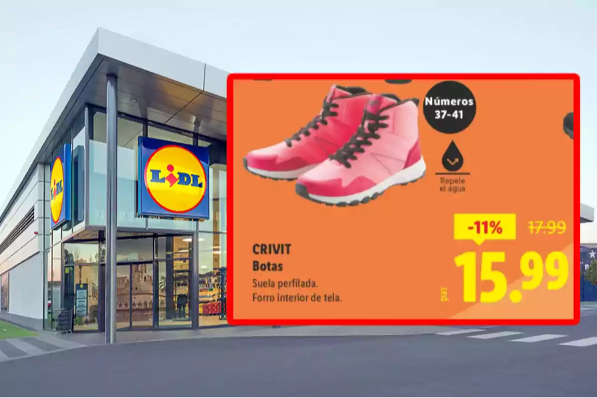 Tienda Lidl con anuncio de botas deportivas rosas en oferta a 15.99 euros