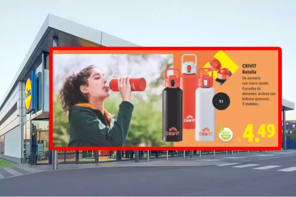 Cartel publicitario de botellas Crivit en la entrada de una tienda Lidl mostrando una mujer bebiendo de una botella roja y tres botellas de diferentes colores junto al precio de 4.49 euros Cartel publicitario de botellas Crivit en la entrada de una tienda Lidl mostrando una mujer bebiendo de una botella roja y tres botellas de diferentes colores junto al precio de 4.49 euros