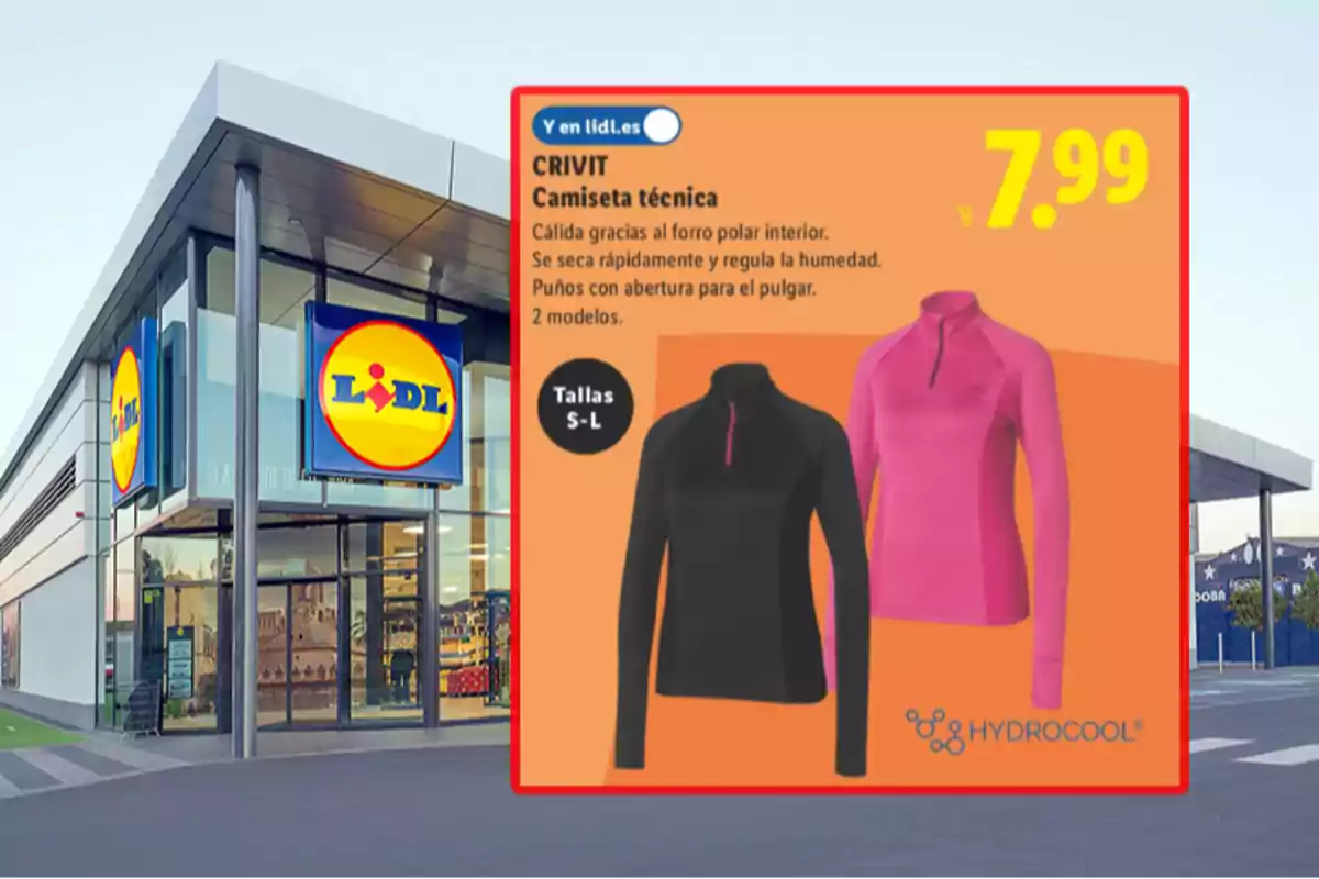 Fachada de una tienda Lidl con un anuncio de camisetas técnicas Crivit en colores negro y rosa, disponibles en tallas S a L, con precio de 7,99 euros