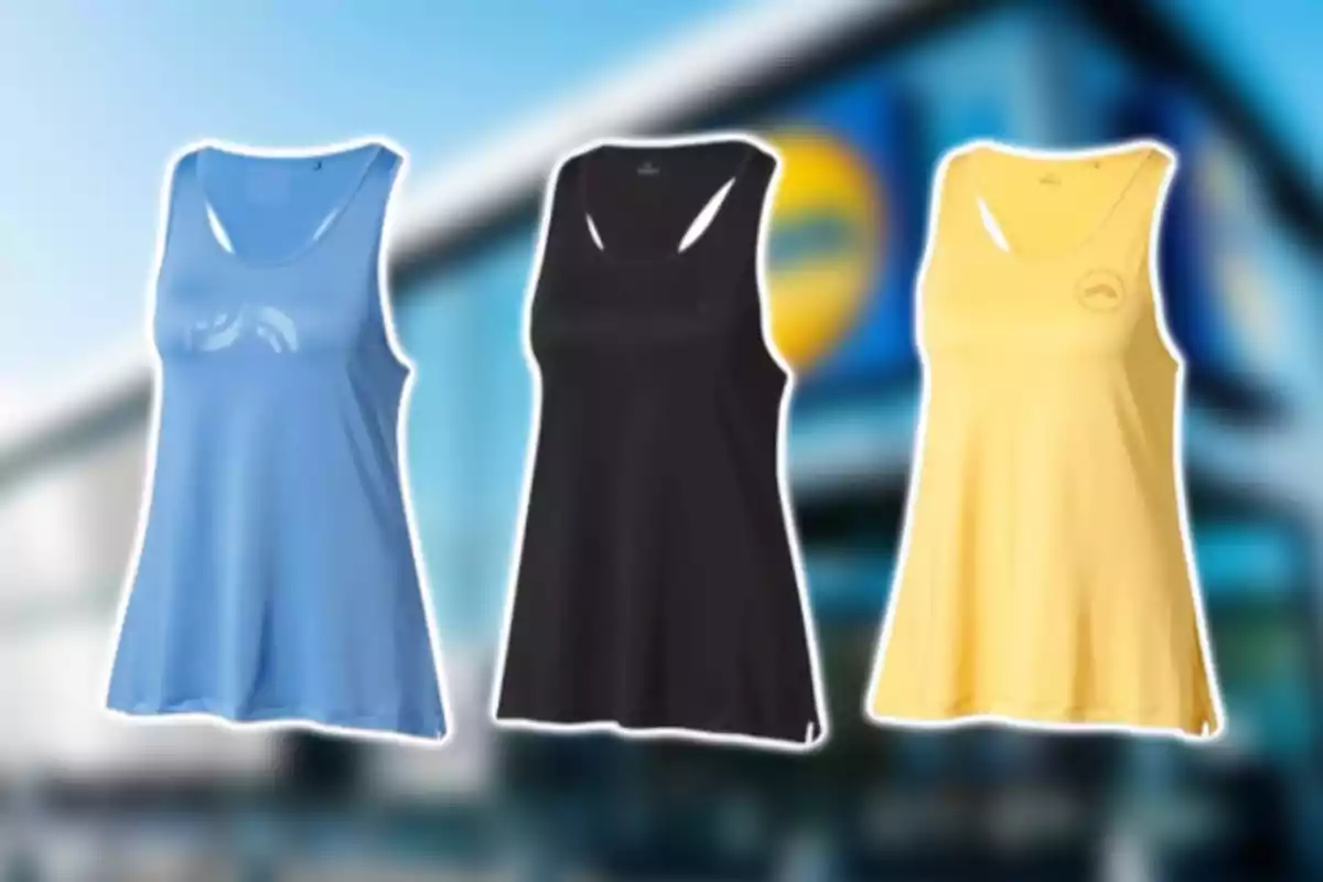 Tres camisetas sin mangas en colores azul, negro y amarillo sobre un fondo desenfocado de una tienda