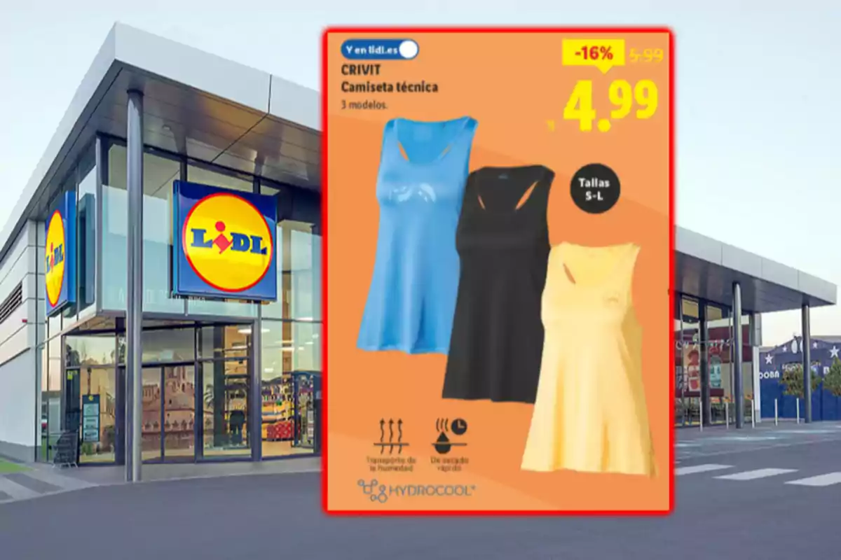Fachada de una tienda Lidl con un anuncio de camisetas técnicas de mujer en colores azul, negro y amarillo, con precio rebajado a 4,99 euros y tallas S a L.