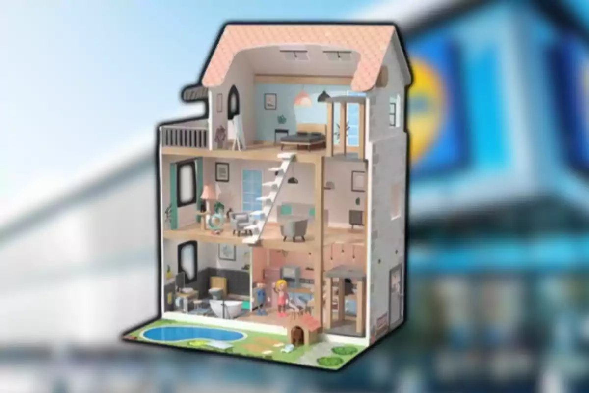 Casa de muñecas de varios pisos con muebles y piscina en miniatura