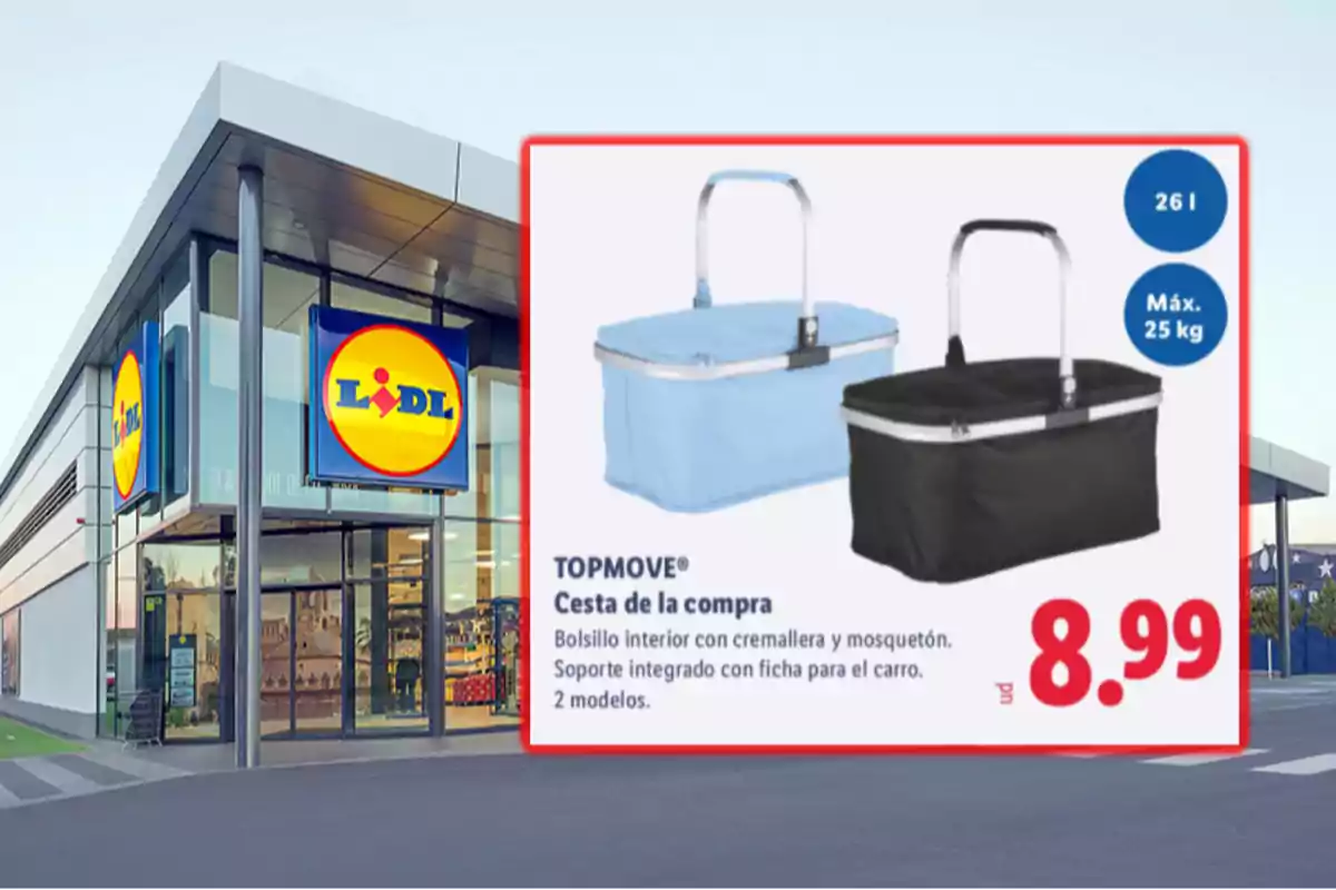 Fachada de una tienda Lidl con un anuncio de cestas de la compra Topmove en color azul y negro con precio de 8.99 euros y capacidad de 26 litros Fachada de una tienda Lidl con un anuncio de cestas de la compra Topmove en color azul y negro con precio de 8.99 euros y capacidad de 26 litros
