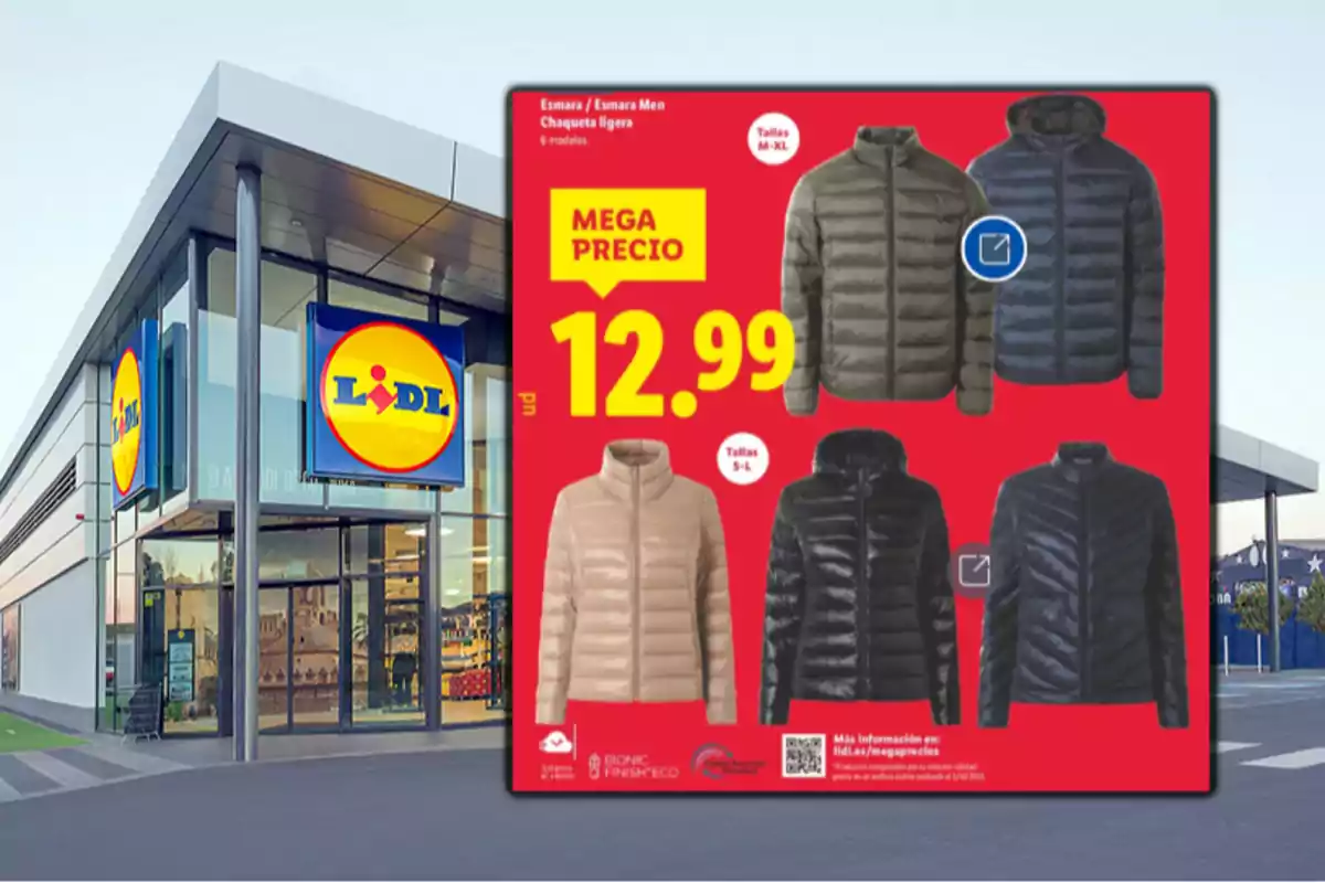 Fachada de una tienda Lidl con un cartel promocional de chaquetas ligeras en varios colores y un precio destacado de 12.99 euros