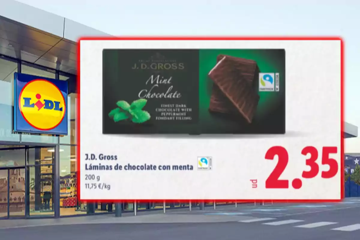 Oferta de láminas de chocolate con menta J.D. Gross en Lidl a 2,35 euros por unidad, paquete de 200 gramos