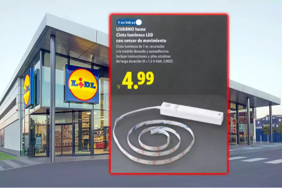 Fachada de una tienda Lidl con un anuncio de una cinta luminosa LED con sensor de movimiento de la marca LIVARNO home a un precio de 4,99 euros Fachada de una tienda Lidl con un anuncio de una cinta luminosa LED con sensor de movimiento de la marca LIVARNO home a un precio de 4,99 euros