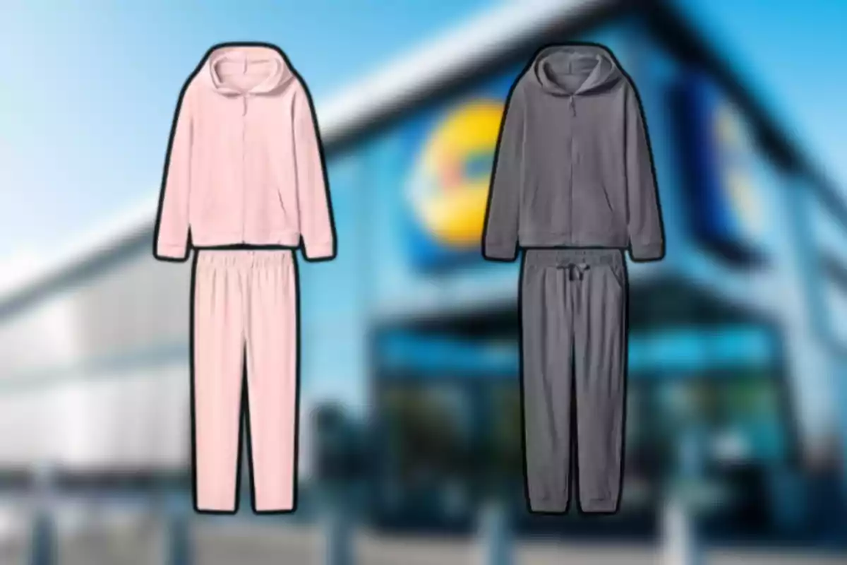 Dos conjuntos de ropa deportiva, uno rosa y otro gris, con sudadera y pantalón, sobre un fondo desenfocado de una tienda.