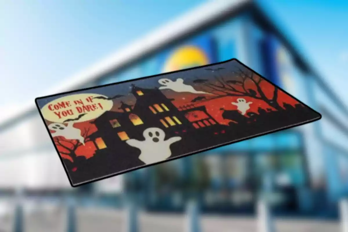 Tapete decorativo de Halloween con fantasmas y una casa embrujada sobre un fondo desenfocado de una tienda Tapete decorativo de Halloween con fantasmas y una casa embrujada sobre un fondo desenfocado de una tienda