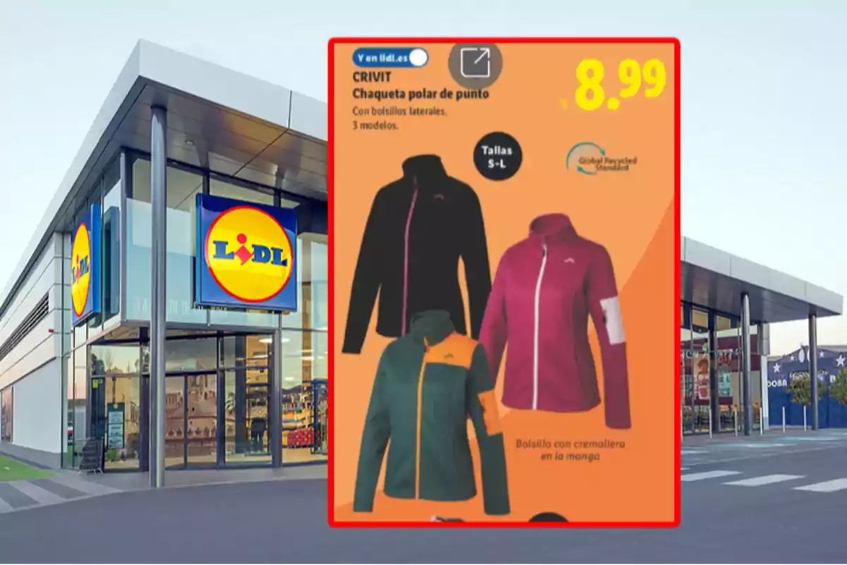 Fachada de una tienda Lidl con un cartel promocional de chaquetas polares de diferentes colores y precio destacado